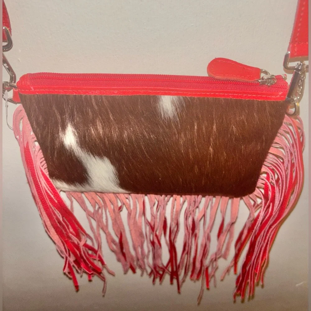 New Genuine Leather Cowhide Tooled Cross Body Fringe Purse Red Brown Western